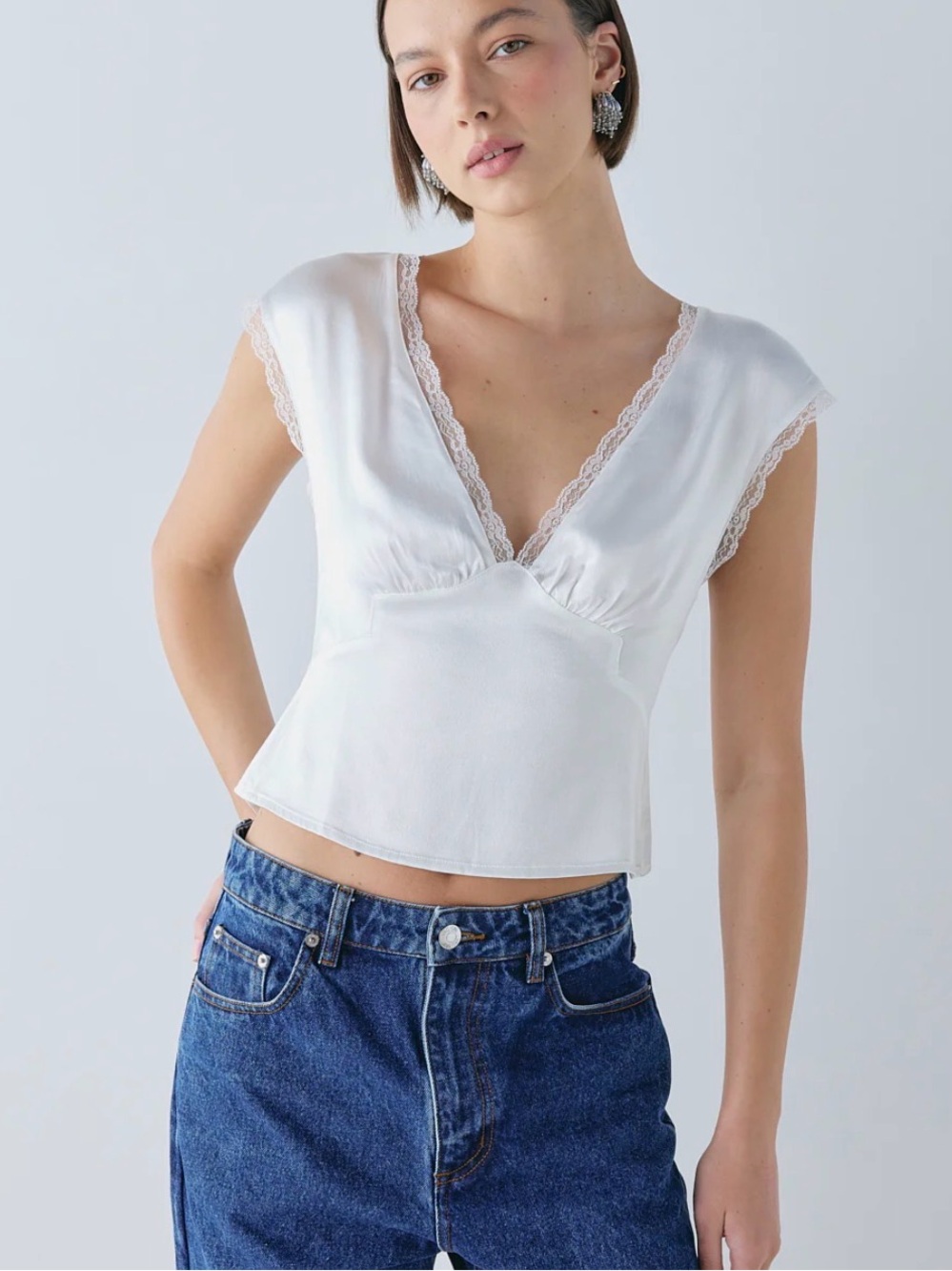 Love Tie Back Blouse - White Lace-Trim V-Neck Blouse - Size US 6